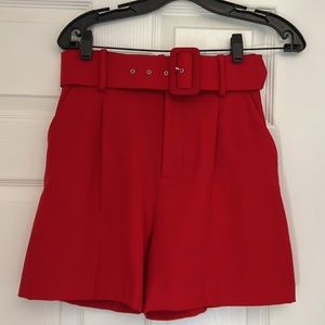 Zara red belted pleat shorts